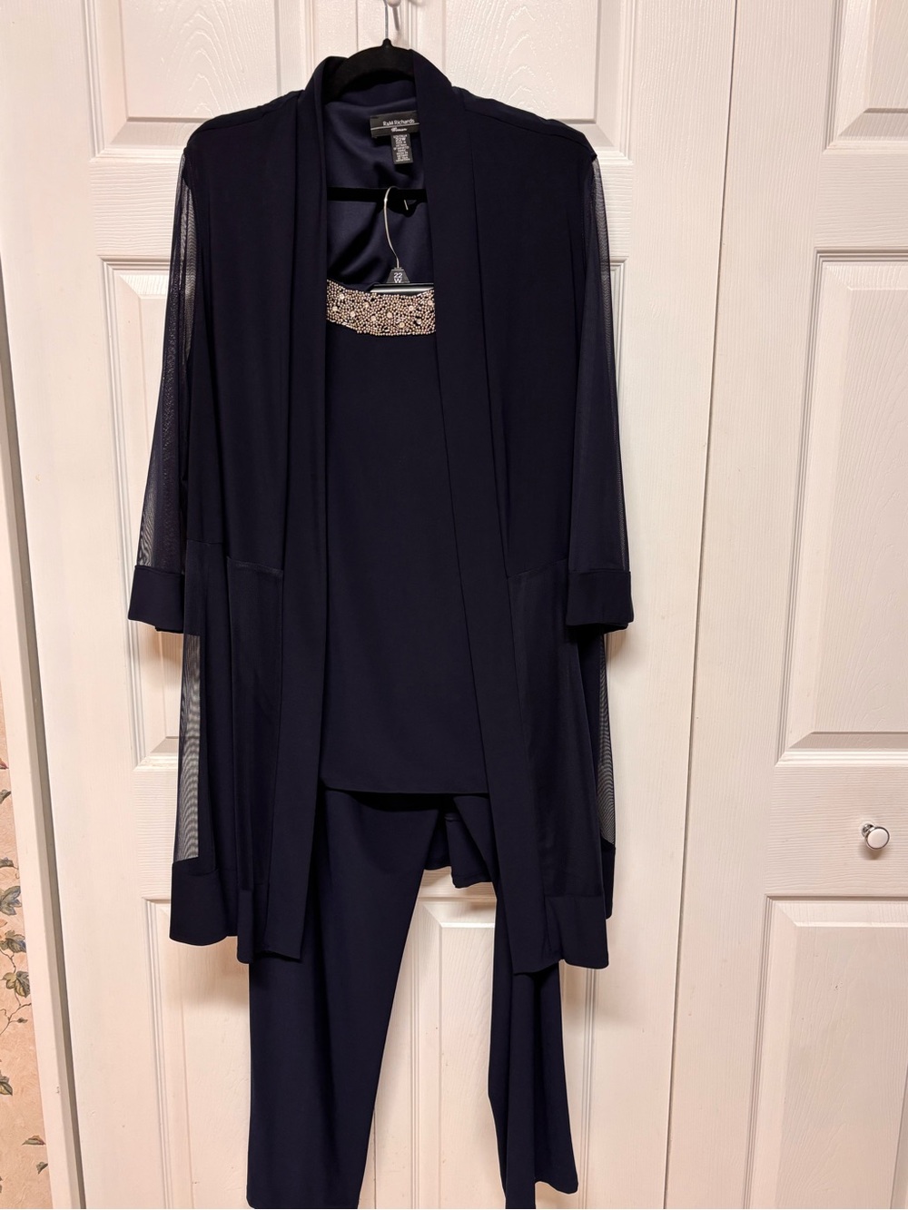 R&M Richards Navy Beaded Neckline Pant Set